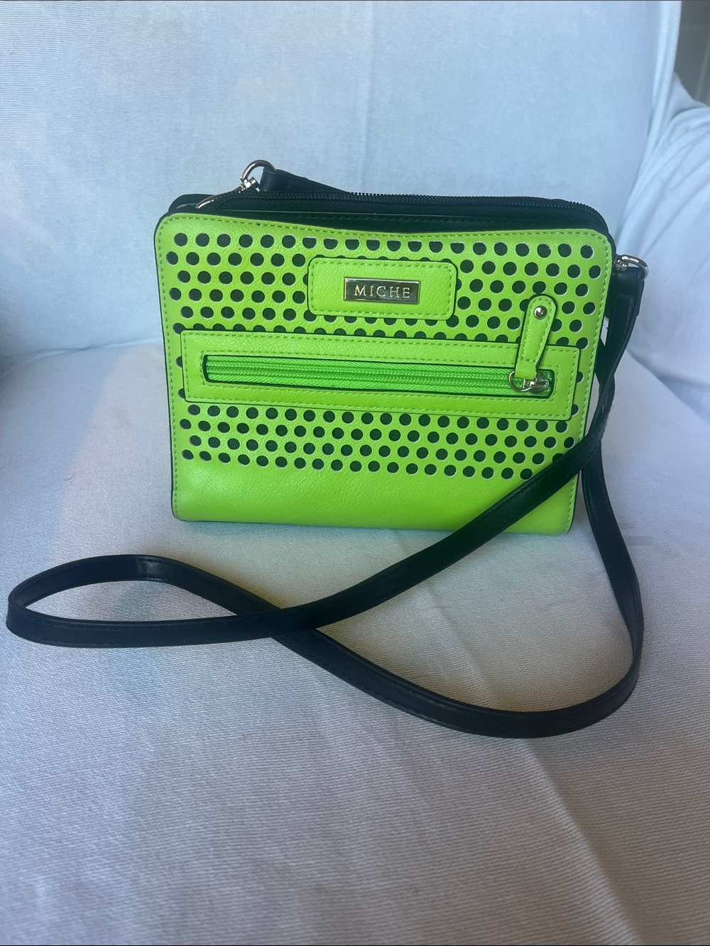 Miche Neon Green and Black Perforated Crossbody Bag